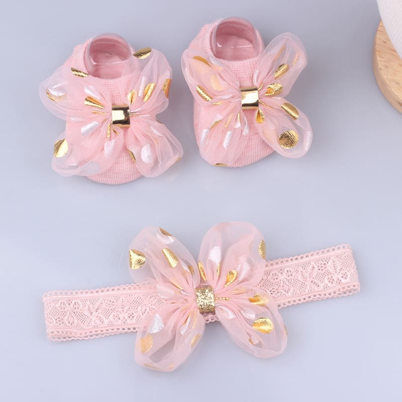 Søte blondere blomst baby pannebånd sokker sett nyfødt baby jente hårbånd turban buer perle jenter hårbånd baby hår tilbehør: Rosa 04