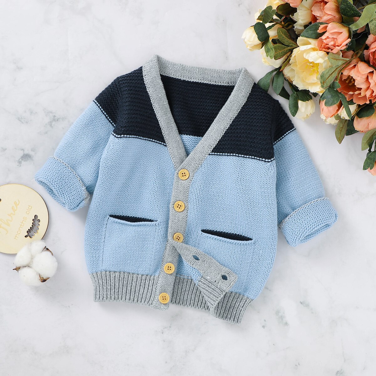 Bebés y Niños suéter para bebés niños trajes Patchwork manga larga solo Breasted Chaqueta de punto