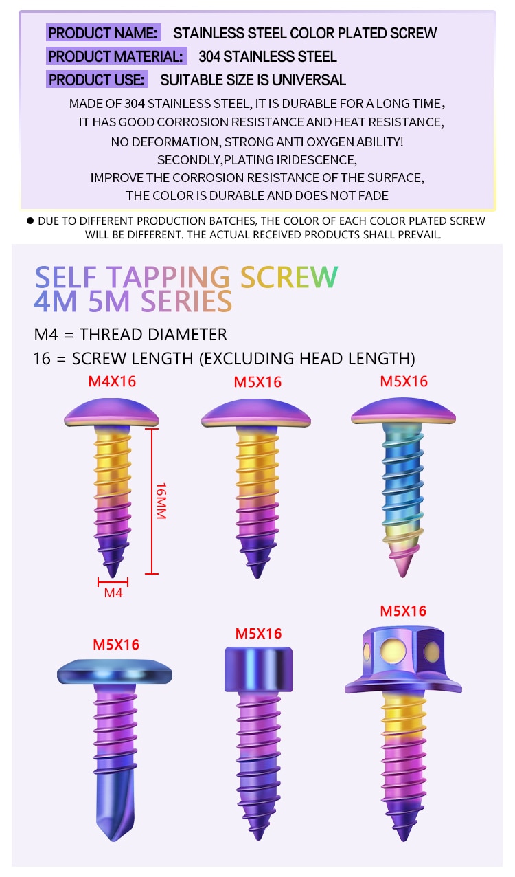 M4*16 M5*16 Car Motorcycle hexagonal screws Phillips screws stainless steel Self-tapping Screw