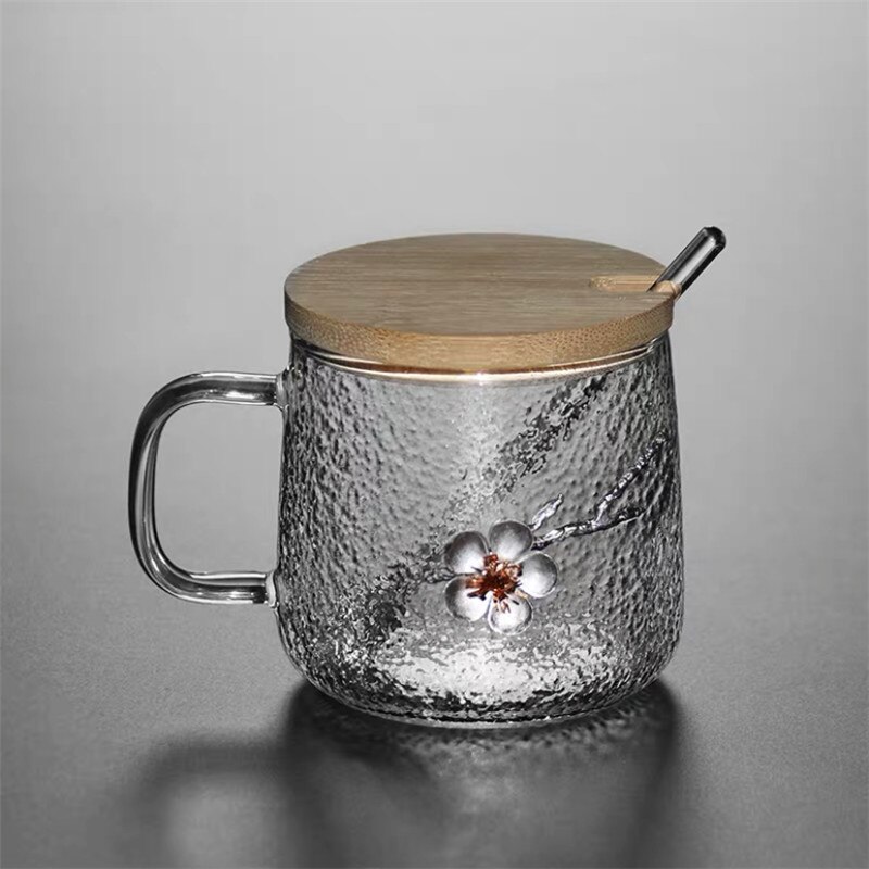Heat Resistant Glass Coffee Mug with Lid and Spoon Office Silver Inlay Plum Blossom Teacup Transparent Hammer Pattern Milk Cup: B set