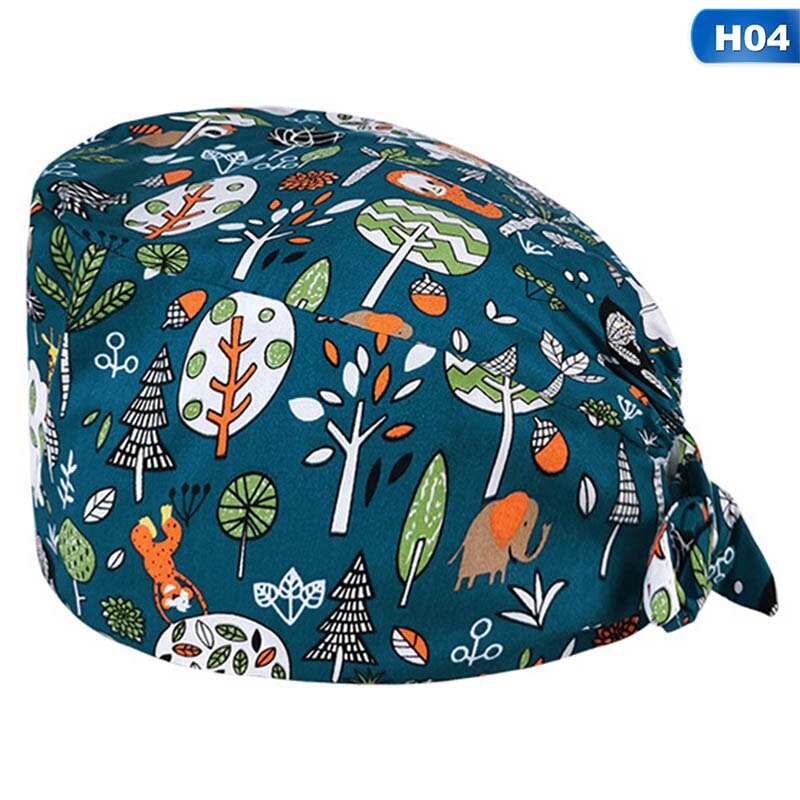 Kvinder print bomuld bandage justerbar sygeplejerske kasket med svedbånd bouffant hat mænd gorros quirofano mujer sygeplejerske uniform tilbehør: H04