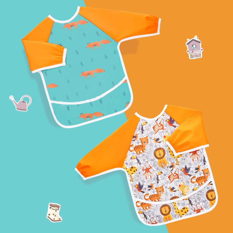 HappyFlute Button Style Bib 2pcs Set Cute Waterproof Long Sleeves With Snap Children Cloth Burp for 6-24month Baby: BWS01