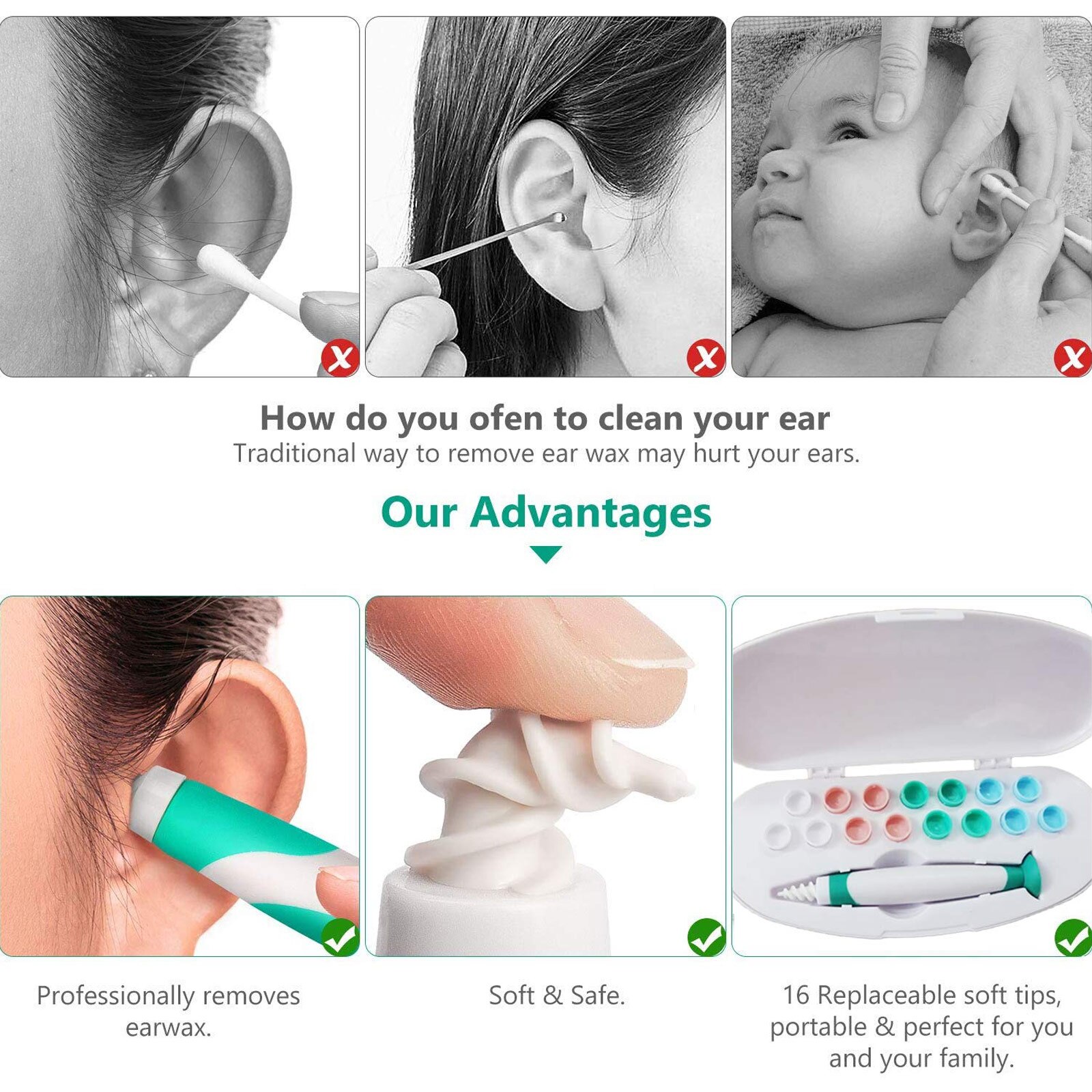 Earpick Spiral Ear Wax Earwax Remover Cleaner with Suction Cup Handle and Soft Replacement Heads for Home Ear Care Supplies