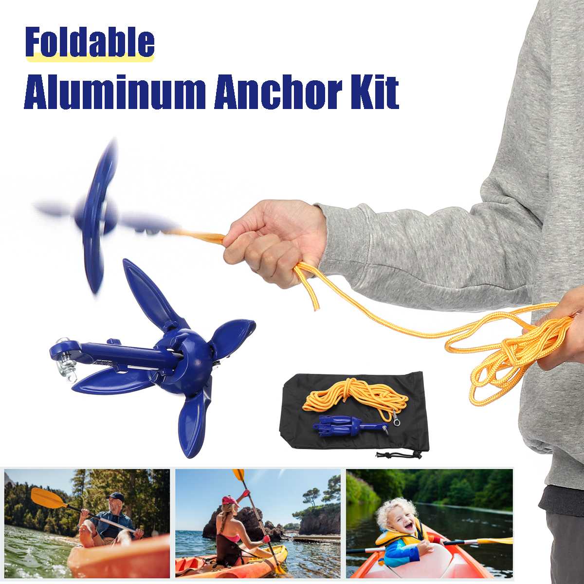 2pcs/kit Rowing Boats Folding Anchor 4 Tines Compact Anchor Buoy Kit Marine Rope for Canoes Kayaks Sailboat Fishing + rope + bag