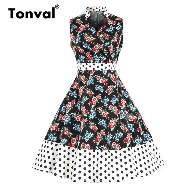 Tonval retro Rockabilly Blumen- drucken Frauen Kleid verrotten Kontrast Hohe Taille EINE Linie Skater Kleider Jahrgang Midi- Polka Punkt Kleid: Schwarz / 4XL