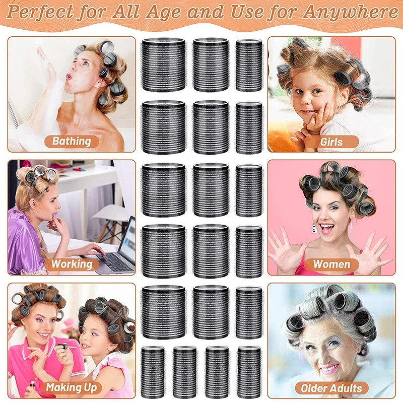 Bigoudis auto-agrippants noirs, pas de chaleur, boucles sans chaleur, frange, crochet auto-adhésif, outils de coiffure bricolage, volume, 13 pièces