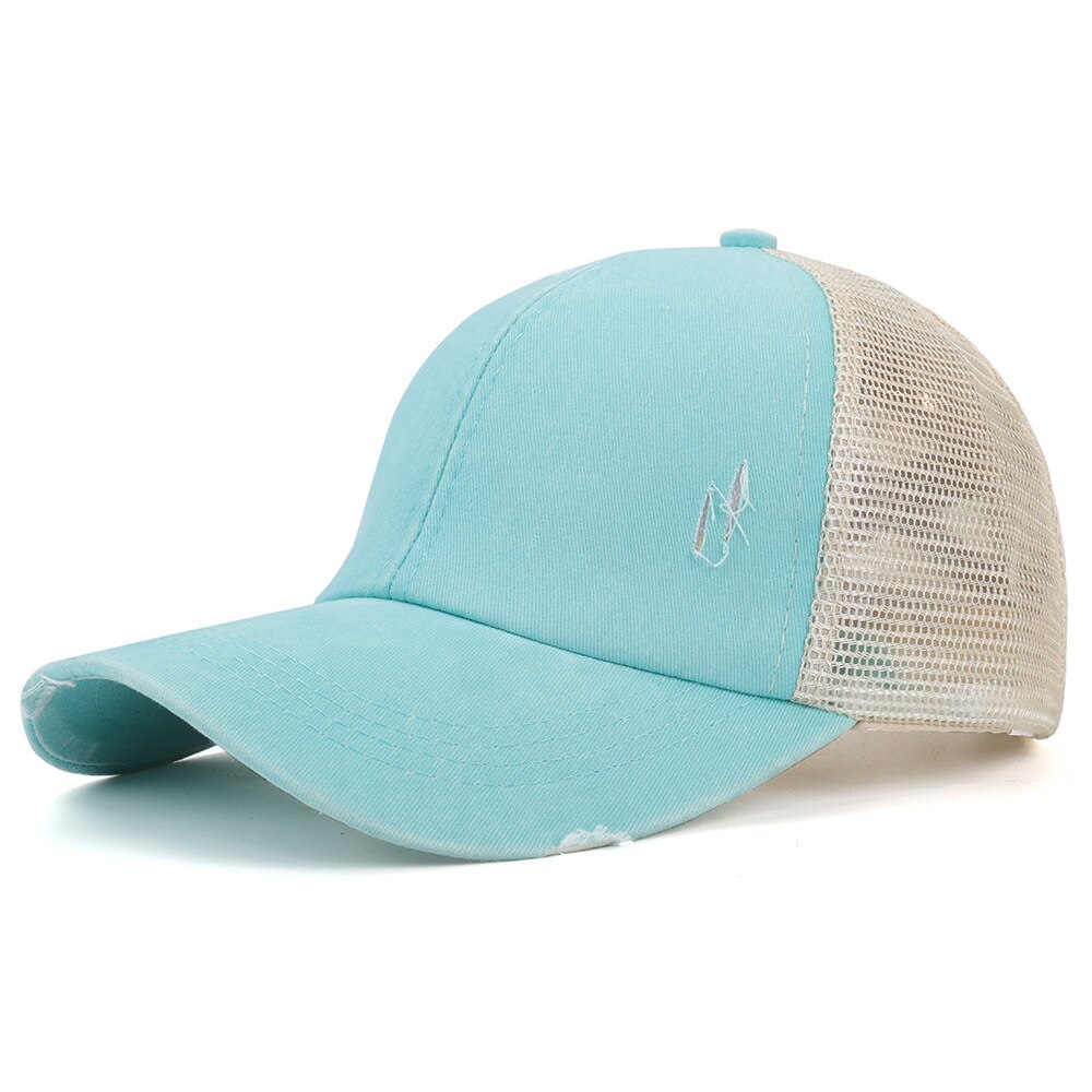 Women's Wash Cap Casquette Light Board Retro Ponytail Baseball Cap Cotton-Padded Cap Ripped Hole Cross Cap: Light blue 1