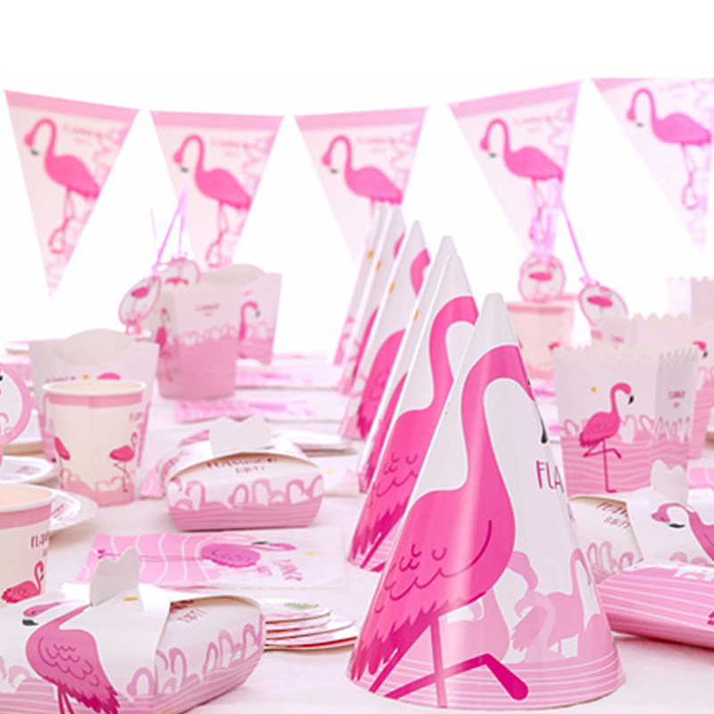 Decoración de de flamenco rosa, flamenco hawaiano, de cumpleaños para niñas, vajilla desechable, plato de papel, taza, diadema de flamenco de paja