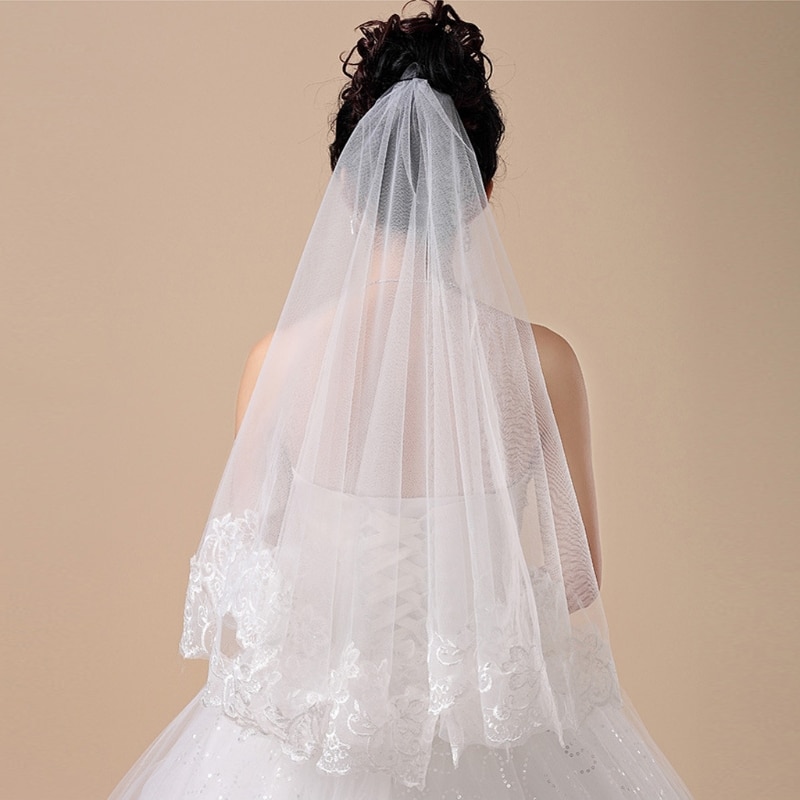 Frauen 150cm Braut Kurze Hochzeit Schleier Weiß Eine Schicht Spitze Blume Rand Appliques