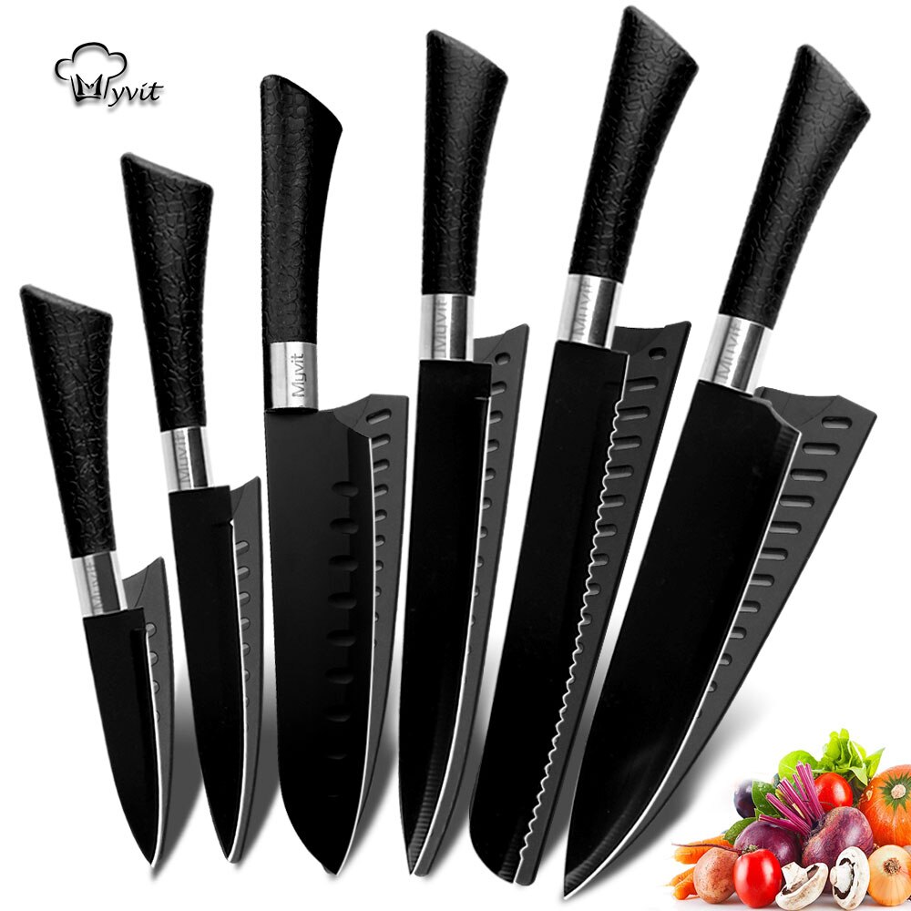 Chef Knives Set Stainless Steel Paring Utility Santoku Chef Slicing Bread Knives Black Blade Kitchen Accessories Set Tools