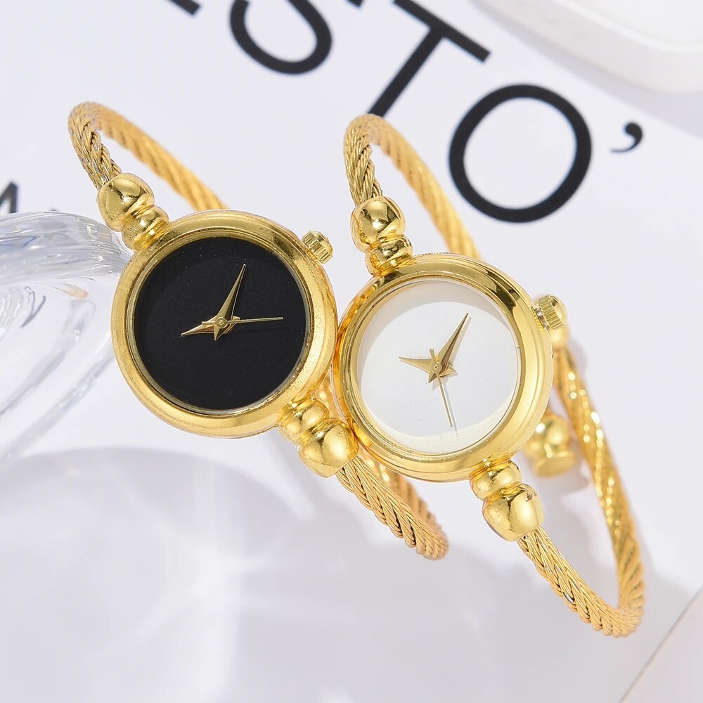 Reloj de lujo con correa fina dorada para mujer, pulsera femenina, 2 piezas, a la