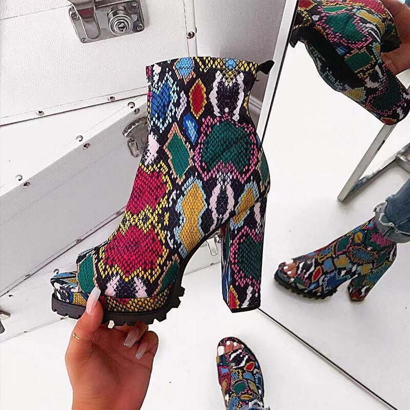 Rouge nouvelles bottes femmes serpent motif Zip bottines automne femme Peep orteil épais talons hauts dames plate-forme chaussures directe: serpentine / 41