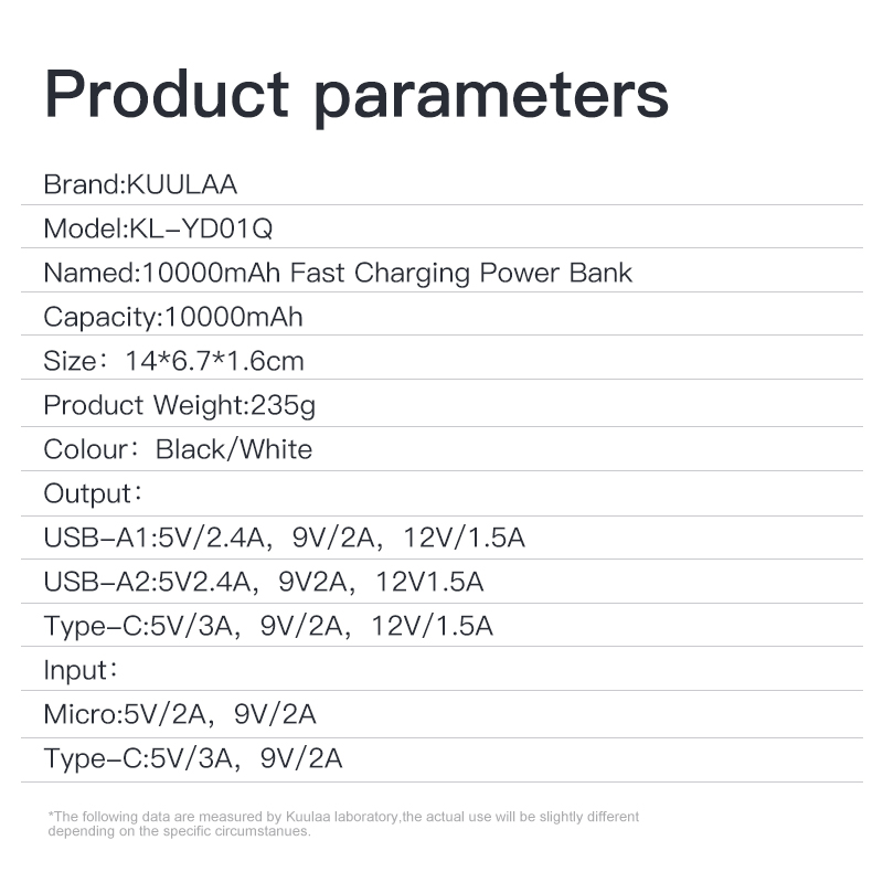 Kuulaa banco de potência 10000mah carregador portátil para xiaomi redmi nota 10 powerbank para poco x3 pro iphone 13 12 11 pro max poverbank