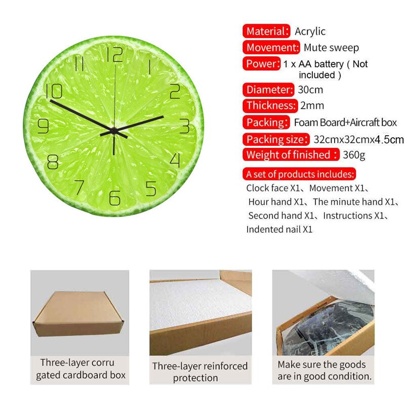 Groene citroenfruit wandklok voor keuken, acryl, stille hangende horloge, slaapkamerhorloge, lasser, muurklok, woondecoratie