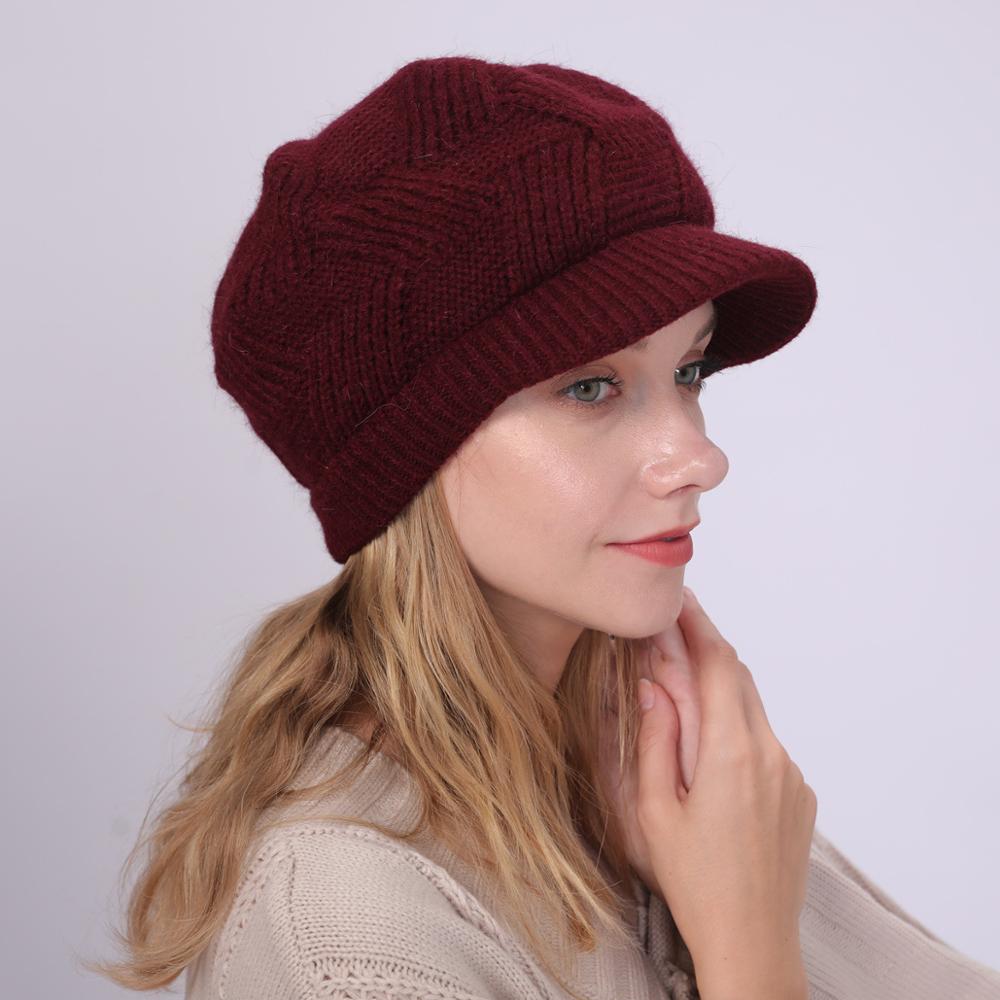 Chapeaux en laine tricotée Skullies, 1 pièce, bonnets de cyclisme en plein air en poils de lapin pour femmes, visières chaudes en polaire, couleur unie: Dark Red
