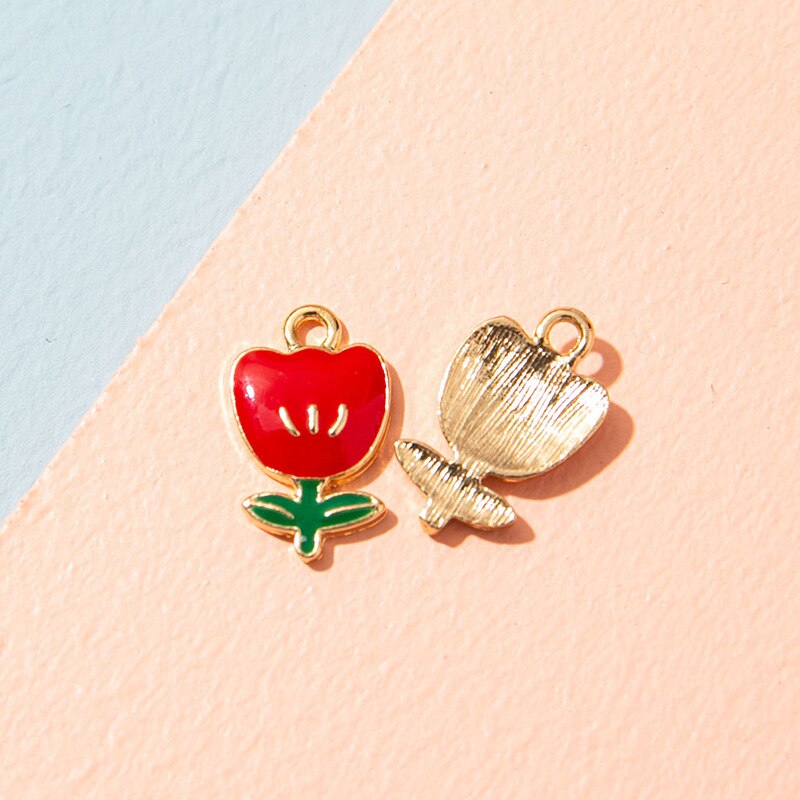 Breloques en forme de fleur de tulipe rouge émail argent, pendentif pour bijoux, fabrication de Bracelet, boucles d&#39;oreilles, collier, accessoires, 10 pièces