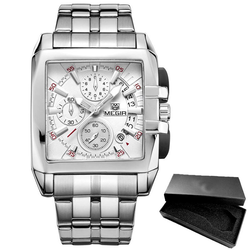 Megir Heren Horloge Top Roestvrij Staal Waterdichte Lichtgevende Quartz Horloge Mannen Mode Chronograaf Heren Sport horloge: MS2018G-Silver-White