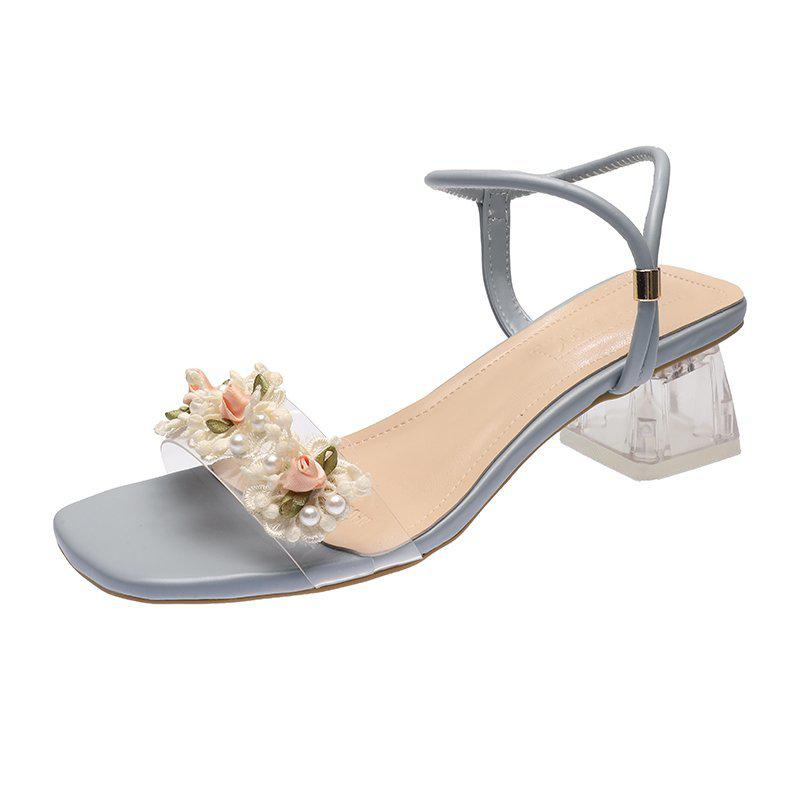 Søde blomster klare hæle hjemmesko sandaler kvinder gennemsigtige firkantede hæle sandaler sommer pvc hjemmesko med åben tå kvinder: Blå / 35