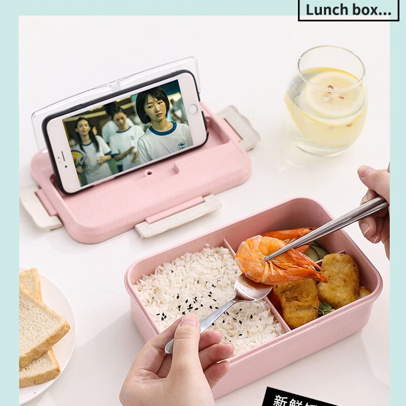 Fiambrera con contenedor de almacenamiento de alimentos para niños, caja de almuerzo con cuchara, palillos, vajilla de paja de trigo, escuela y oficina
