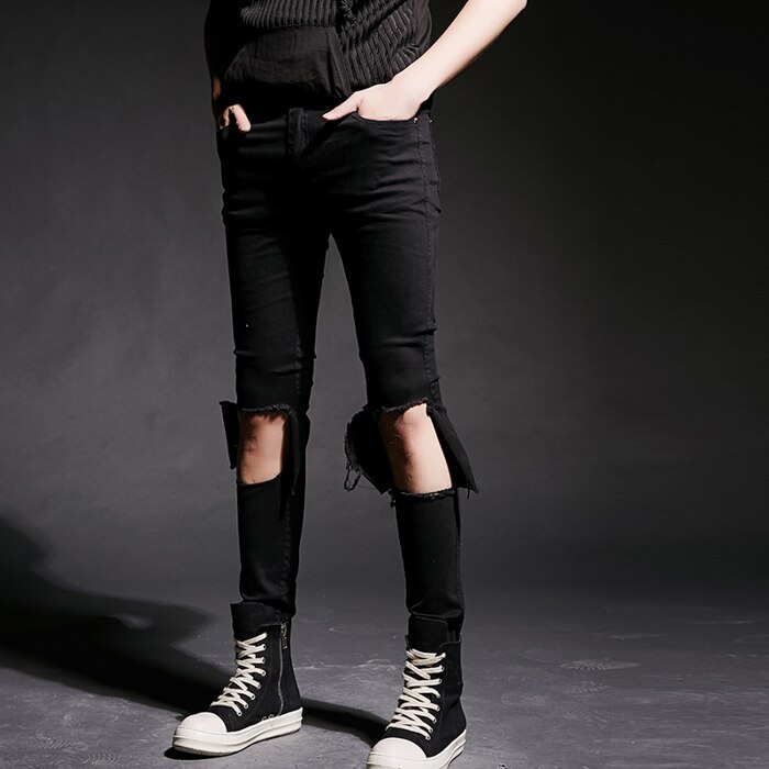 Stijlvolle gescheurde jeansbroek biker slim straight gerafelde skinny jeans heren