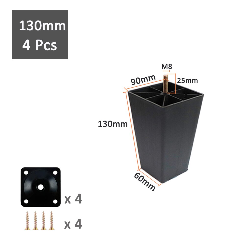 1/4 Pcs Multi-size Square Plastic Furniture Legs Replacement Sofa Legs With M8 Bolts For Couch Cabinet Bed tv stands: 4Pcs 130mm