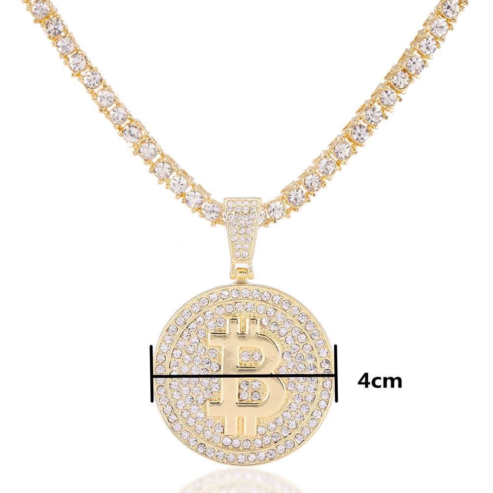 Novo iced para fora bitcoin pingente colar com 4mm corrente de tênis iced para fora bling corrente colar para homem strass cubano link chain