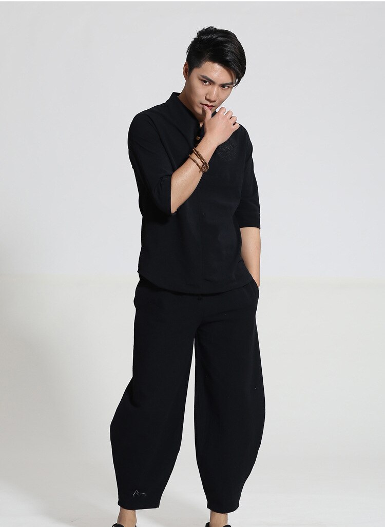 Stijl chinese mannen kungfu pak tai chi pak katoenen linnen overhemd & losse harembroek marineblauw ml xl xxl xxxl  m050