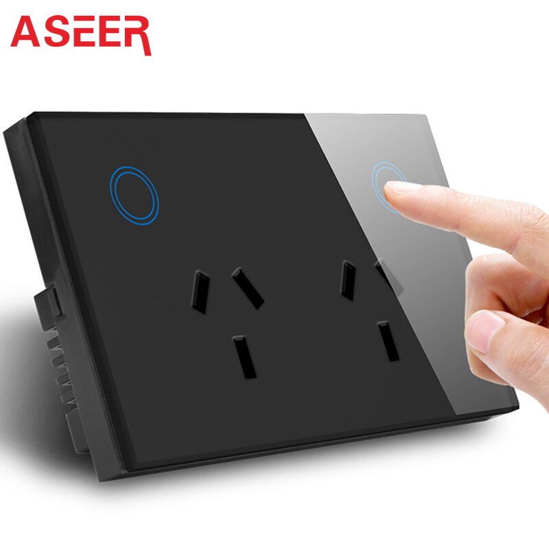 AU Goedgekeurd ASEER Touch Control Stopcontact 15A, Zwarte Kristal Glazen Plaat, AC 110-240 V, doubel Stopcontact en Schakelaar SAA GMA CE