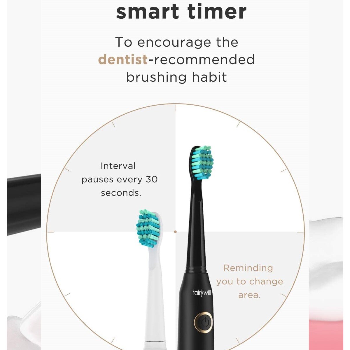 Fairywill Sonic Electric Toothbrushes FW-507-BW Combination USB Rechargeable for Adult Kids Replacement with 10 Heads 5 Modes