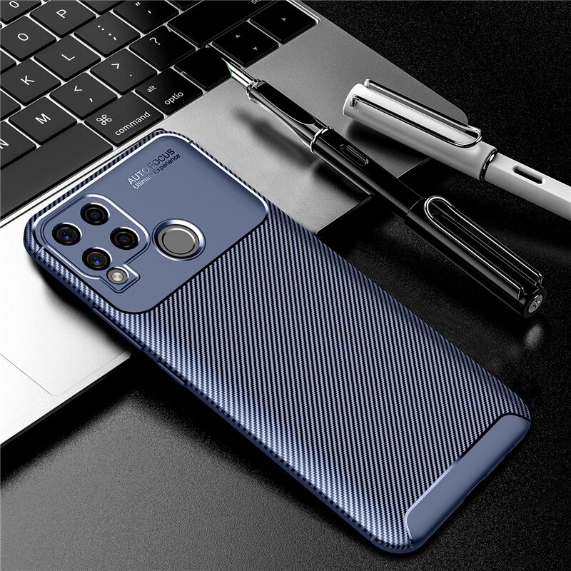 Voor Realme Narzo 30A Case Soft Silicon Cover Carbon Fiber Tpu Shockproof Case Voor Realme Narzo 30A Coques: Blue