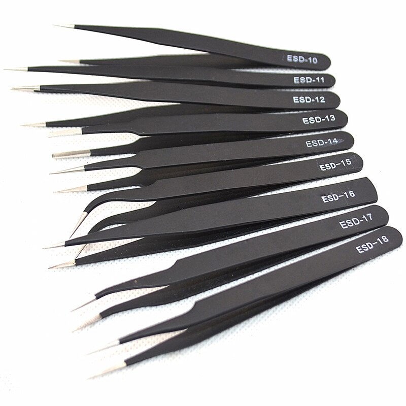 9 pièces antistatique ESD En Acier Inoxydable Pince À Épiler Outils de Maintenance De Précision Industrielle Courbé Brucelles Droites Outils De Réparation