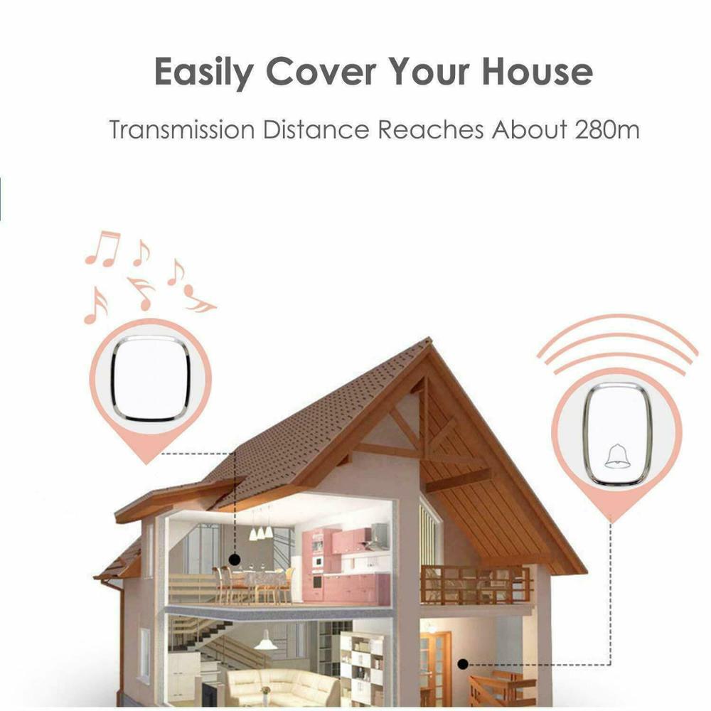 Wireless Door Bell Home Doorbell Plug In Cordless Loud Chime LED 36 Tunes Waterproof Cordless Ring Dong