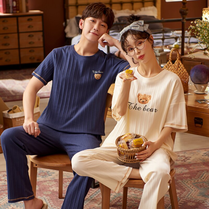 SONG Summer Couple Pajamas Short Sleeves Cotton Trousers Korean Style Simple Print Sweet Student Home Wear Pyjamas