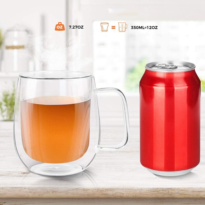 Dubbelwandige glazen koffiemokken theekopjes set  of 2,  thermisch geïsoleerd en geen condensatie met brede handgreep  (300ml)
