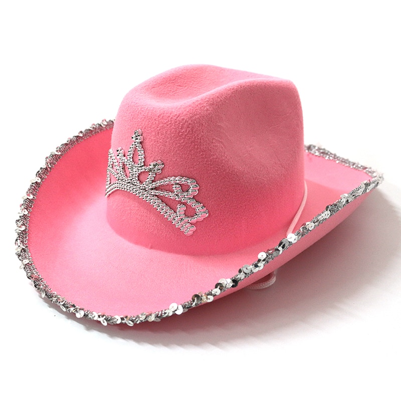 Cowboyhat i westernstil pink #39 til kvinder skæv bred skygge med pailletter dekoration krone tiara cowgirl hat: Lyserød 2