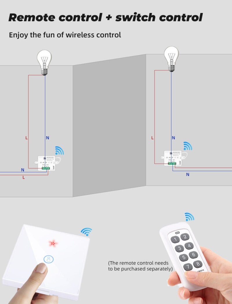 433MHZ Wiring-free Tempered Touch Wireless Switch Free Sticker + Hidden Switch Controller Module Set