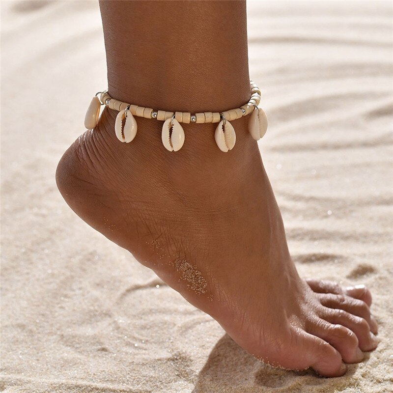 Bohemian Shell Anklets for Women Handmade Leather Woven Natural Shell Foot Jewelry Summer Beach Barefoot Bracelet ankle on Leg: 50241