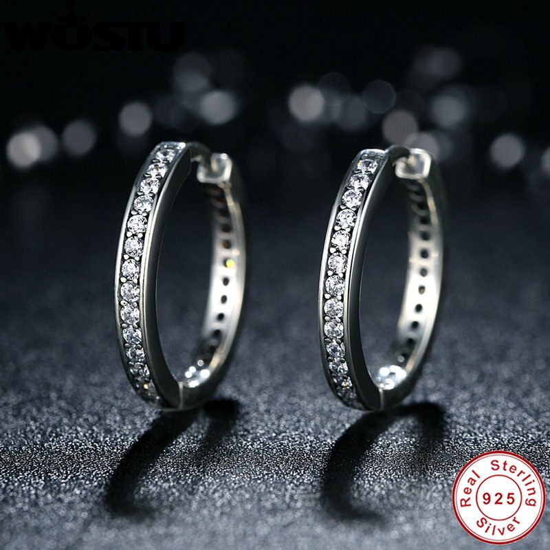 100% 925 Sterling Silver Party Eternity Hoop Earrings With Clear CZ For Women Authentic Original Jewelry XCHS456