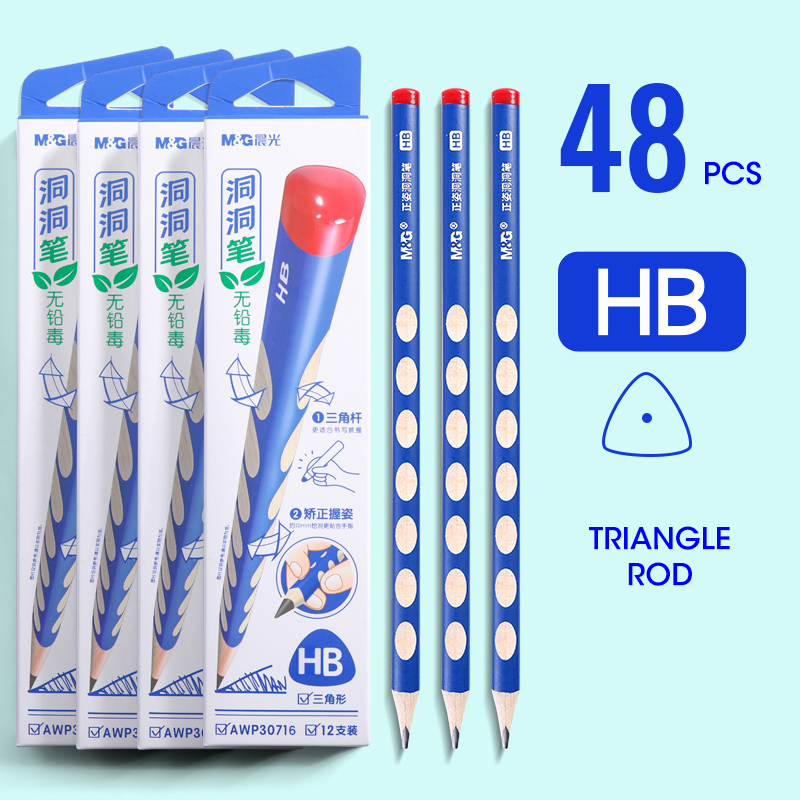 M&amp;G 2B Hole Pencil Correction Grip Posture Elementary School Pupils HB Triangle Rod Pencils For Children: 48 Pcs HB (4 boxes)
