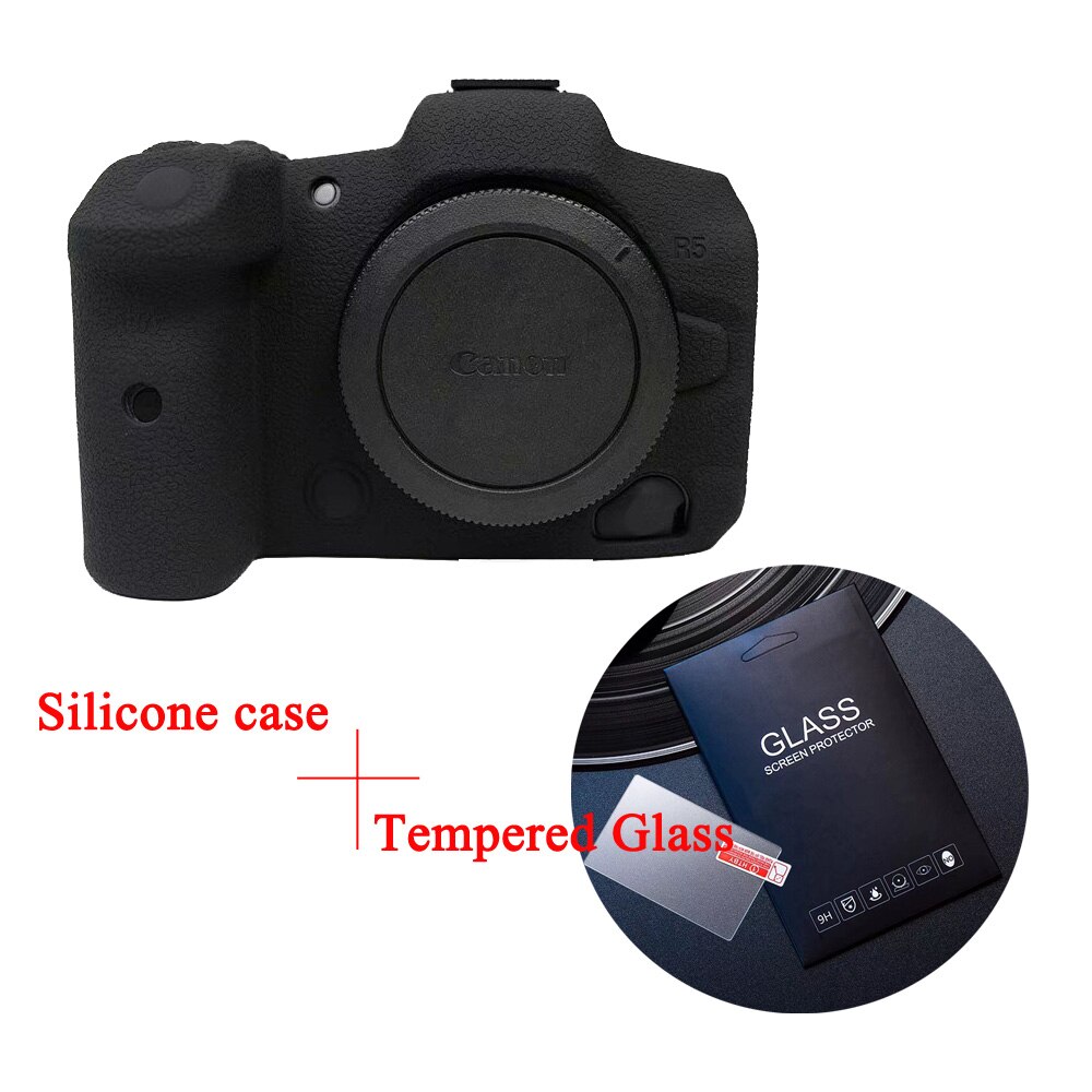 Funda de silicona suave para cámara Canon EOS R5 R6 EOSR6, carcasa protectora de marco, vidrio templado sin espejo: R5 black with glass