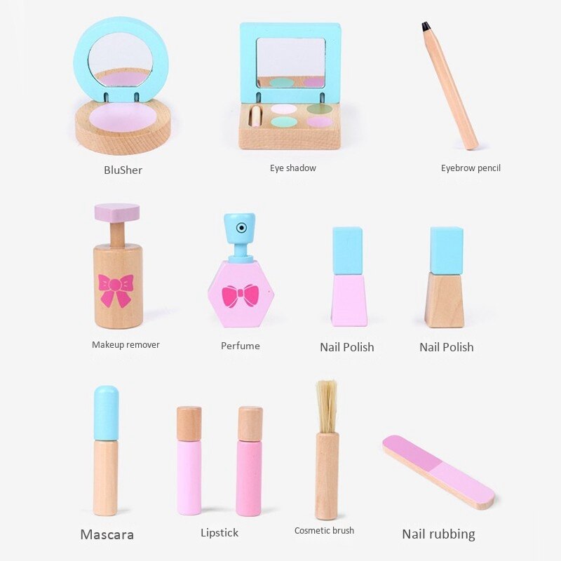 12 Stuks Houten Pretend Play Make Speeltoestel Voor Meisjes Rollenspel Cosmetica Speelgoed Simulatie Beauty Accessoires Voor Kids