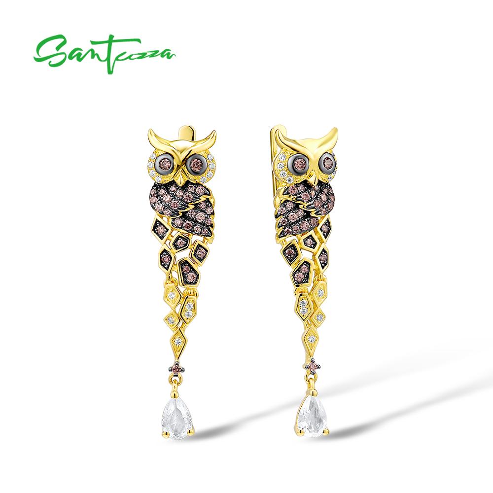 Boucles d'oreilles en argent SANTUZZA pour femmes 925 en argent Sterling couleur or étincelant chocolat CZ hibou boucles d'oreilles Fine bijoux