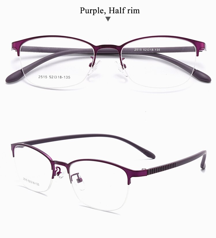 BCLEAR Urltra-licht-Licht Frauen Titan Legierung Oval Voll Halb Rand Brille Rahmen Brillen Mit flexibel Beine IP Galvanik 2515: halb Violett