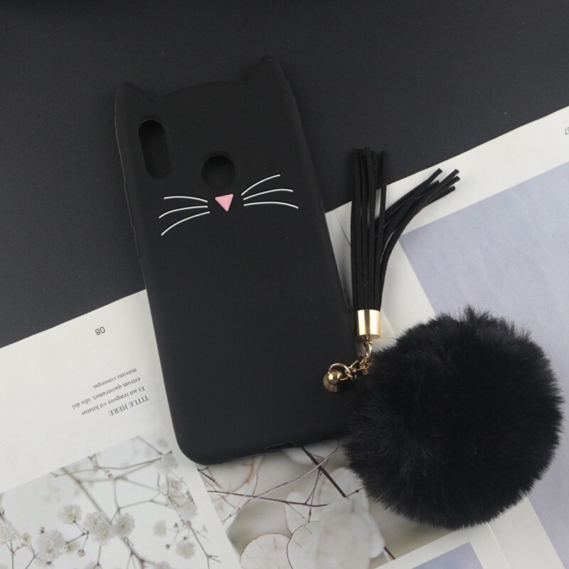 Cute 3D Cartoon Silicon Case for Huawei Honor 10i Cases Japan Glitter Beard Cat Lovely Ears Kitty Phone Cover: HuxuBlack With Ball