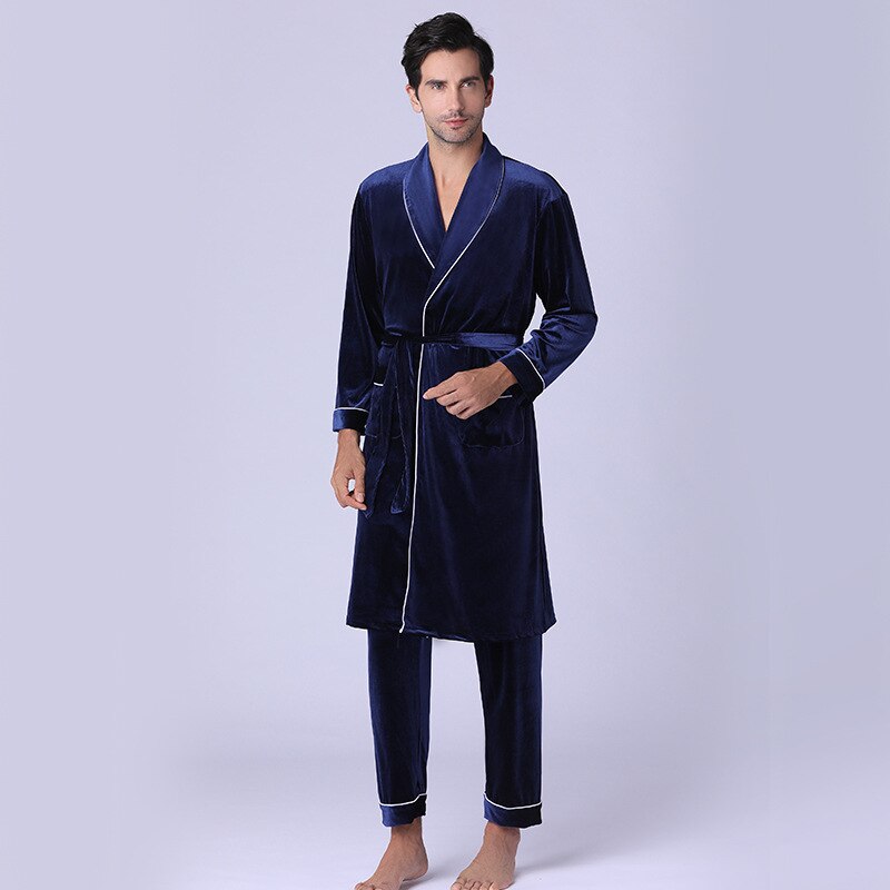 Zijde Pyjamabroek Slapen Jurk Mannen Szata Zestawy Robe De Chambre Homme Gouden Fluwelen Herfst En Winter Nachtjapon Broek