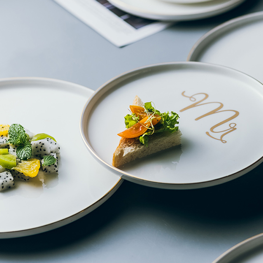 MUZITY Ceramic Plate White Plate With Gold Inlay 6/8/10 inch Porcelain Dinner Plate Set Breakfast Set