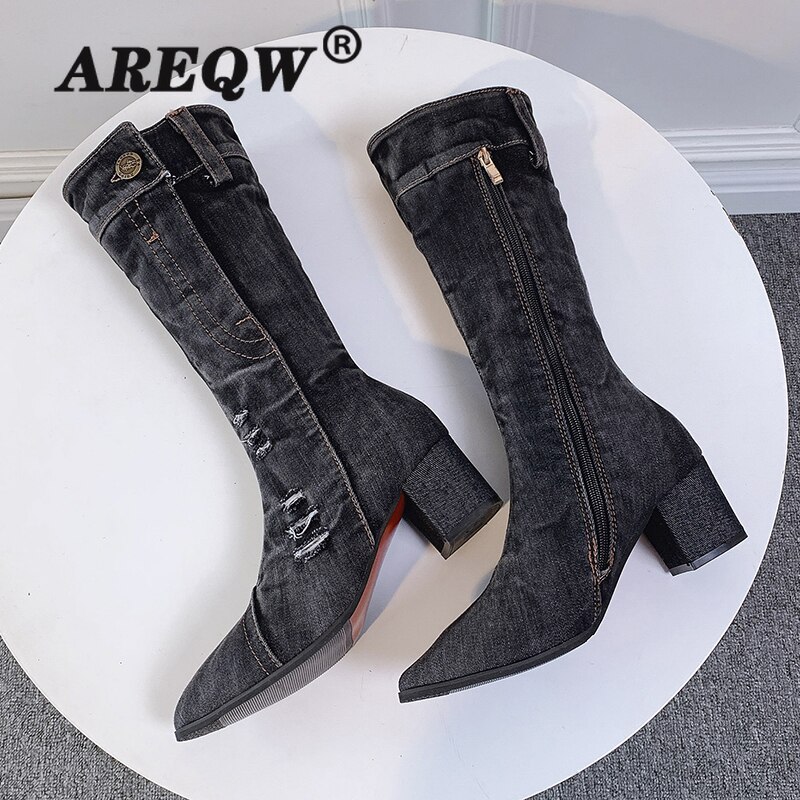 Sexede jeansstøvler dame ankelrør kvinder kort støvle vinter mellemhæl denimstøvle dame stilfulde jeansstøvler lynlåssko cowboy