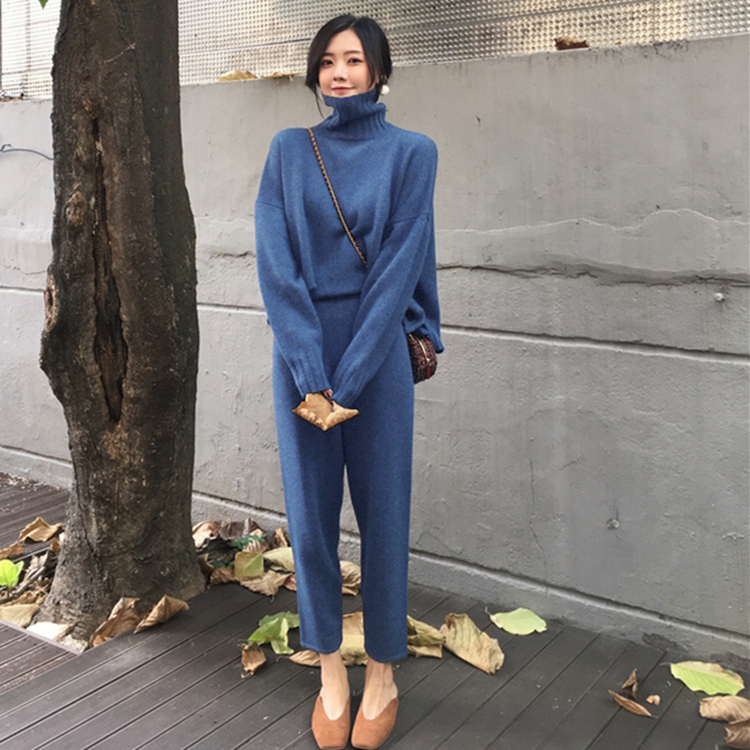 Women's Tracksuit Set - Knitted Turtleneck Pullover - 2 Piece Casual Outfit