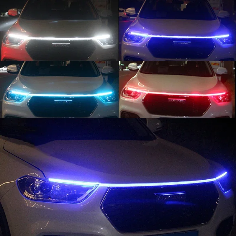 Feu de jour LED DRL pour voiture, avec clignotant, bande lumineuse décorative pour capot de voiture, avec balayage de démarrage, météore dynamique, 12V