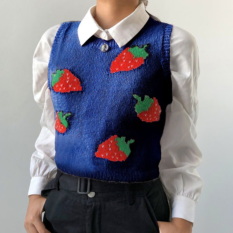 Gilet Tricot Fraise - Style Y2k Sans Manches - Top Court Col Rond
